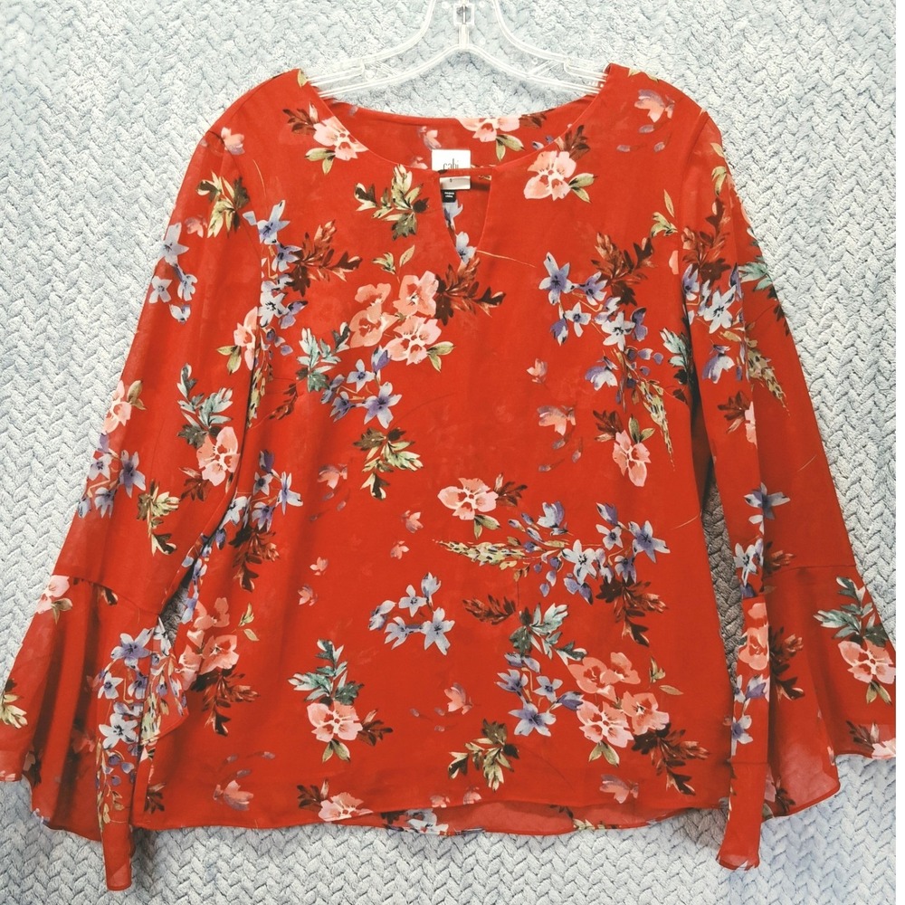 Cabi Red Floral Bell Sleeve Blouse V-Neck Chiffon Top Size Small Sheer Whimsical